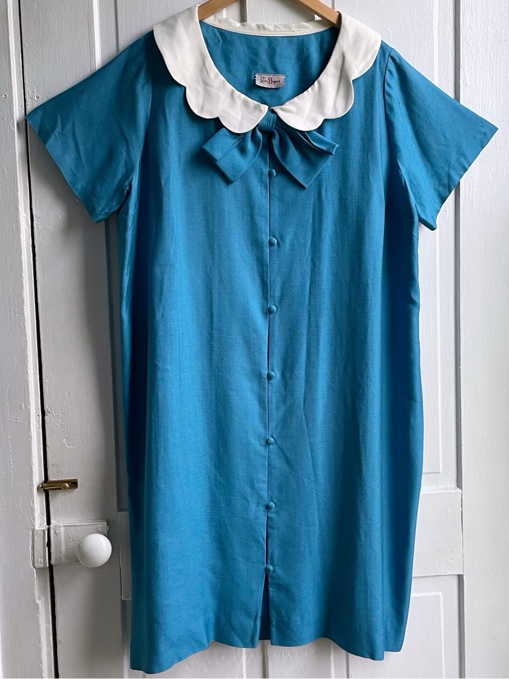 Vintage 50s Lane Bryant Blue Dress Scalloped Peter Pan Collar & Large Bow 2X 3X